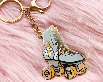 Roller Skate Keychain - Roller Derby - Roller Disco - Light Blue Daisy Enamel Keychains - Bag Charm - Lazy Daisy - Key Ring - 80s Keychains