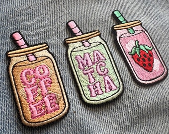 Iced Coffee Patch - Iced Matcha Latte Patch - Pink Drink Patch - Iron On Embroidered Patch for Jackets + Cottagecore - Wildflower + Co.