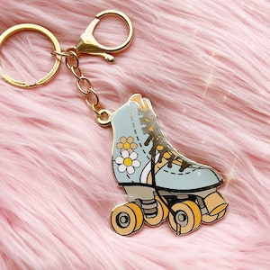 Roller Skate Keychain - Roller Derby - Roller Disco - Light Blue Daisy Enamel Keychains - Bag Charm - Lazy Daisy - Key Ring - 80s Keychains