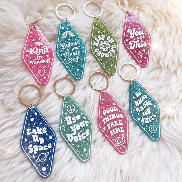Positive Affirmation Glitter Motel Keychain - Motivational - Do What Makes You Happy, Be Kind, Believe in Yourself, Good Things Take Time +