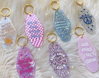 Cute Motel Keychain Positive Quotes - Glitter, Opal + Positive Affirmations Self Love Manifest See the Good Grateful - Cute Gift for Friend