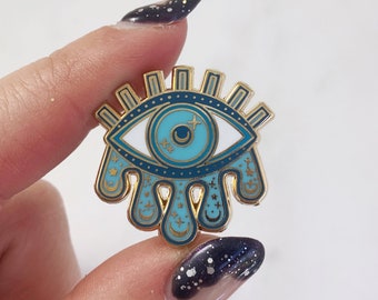 Cosmic Evil Eye Enamel Pin - Teardrops, Moon & Stars - Turquoise Blue Gold Hard Enamel Lapel Pin - Wildflower + Co. Gift