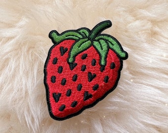 Strawberry Patch w/ Heart Details - Fruit Patches for Jackets - Embroidered Iron On - Fruity Cottagecore Berry Aesthetic - Wildflower + Co.