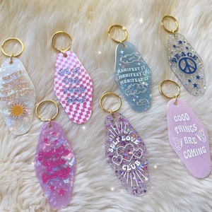 Cute Motel Keychain Positive Quotes - Glitter, Opal + Positive Affirmations Self Love Manifest See the Good Grateful - Cute Gift for Friend