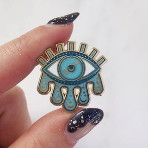 Cosmic Evil Eye Enamel Pin - Teardrops, Moon & Stars - Turquoise Blue Gold Hard Enamel Lapel Pin - Wildflower + Co. Gift