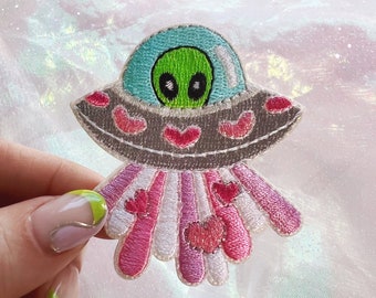 Love UFO Alien Patch - Cute Space Patch - Sparkly Pastel Pink Iron On Embroidered Patches - Valentines Day Gift - Wildflower + Co.