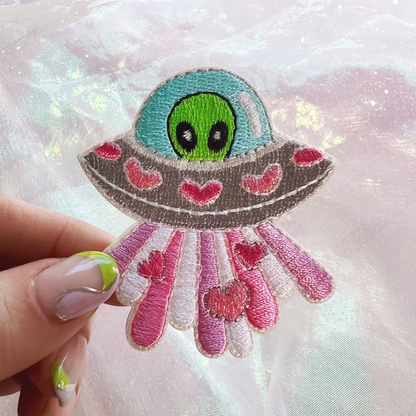 Love UFO Alien Patch - Cute Space Patch - Sparkly Pastel Pink Iron On Embroidered Patches - Valentines Day Gift - Wildflower + Co.