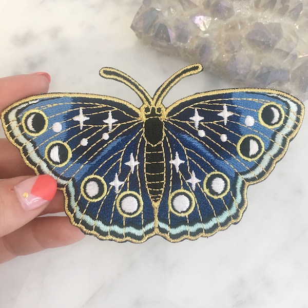 Night Butterfly Patch - Iron On Embroidered Patches - Moon Phases, Stars & Night Sky - Midnight Blue