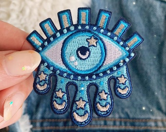 Cosmic Evil Eye Patch - Iron On Patches - Teardrops, Moon & Stars | Turquoise Blue  - Embroidered Patches for Jackets - Wildflower + Co. DIY