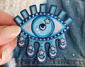 Cosmic Evil Eye Patch - Iron On Patches - Teardrops, Moon & Stars | Turquoise Blue  - Embroidered Patches for Jackets - Wildflower + Co. DIY