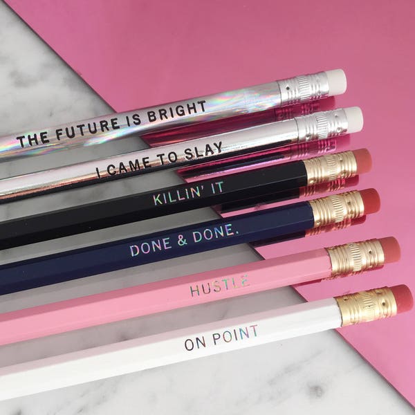 Girl Boss Motivational Pencil S/6 Fancy Pencils - Quotes: Slay The Future is Bright Hustle Done&Done OnPoint Killin' It Valentines Day Gift