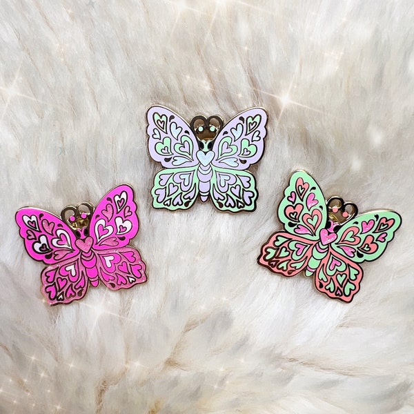 Butterfly Enamel Pin - Fluttering Heart Butterflies - Pink Coral Lilac & Green! Cute Glitter Enamel Pins - Fairy - Fairycore - Wildflower