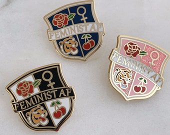 Feminist AF Crest Enamel Pin – Hard Enamel – Gold Pink Glitter Black Navy - Venus Cherry Tiger Rose - Galentine Gift Valentines Day Gift