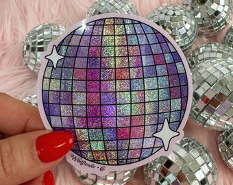Disco Ball Glitter Sticker - Holographic Glitter Vinyl - Water Bottle Laptop Stickers - Stocking Stuffer - Disco Sticker - Wildflower + Co