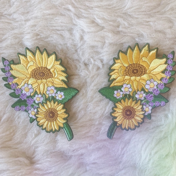 Zonnebloempatch - Opstrijkbare geborduurde patches - Set of individueel verkocht - VSCO - Boho - Daisy Lavender Flower Floral - Wildflower + Co.