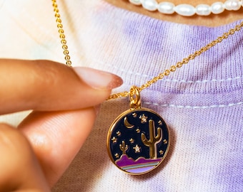 Desert Medallion Necklace - Free Spirit Cactus Moon Stars - Scenic Southwest Wanderlust - Gold & Enamel - Wildflower + Co. Jewelry Gift