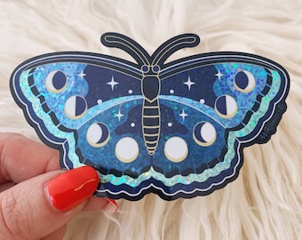 Lunar Butterfly Sticker - Glitter Holographic Vinyl | Lunar Moth Moon Phases | Aesthetic Stickers | Laptop Water Bottles + Wildflower