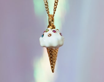 Ice Cream Cone Necklace - Colorful Crystal Sprinkles | Gold