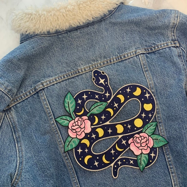 Snake & Moon Phases Large Back Patch - Iron On Embroidered Patches for Jackets - Celestial Serpent with Pink Flowers - Wildflower + Co. DIY