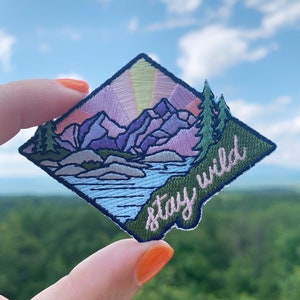 Stay Wild Mountain Patch - Inspirational / Positivity Mountain Quote - Iron On Embroidered Patches - Outdoors Camp Patch - Wildflower + Co.