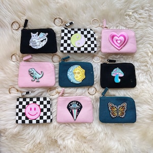Monedero de llavero - Monedero lindo - Personalizado - ¡Personalizado con elección de parche bordado! ¡Pequeño/Mini!  Bolsa para llaves - Relleno de medias rosa negro