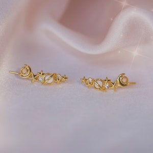 Galaxy Earrings - Gold Opal Earrings - Celestial Moon Star & Planet Space Jewelry - Climber Crawler Earrings - Wildflower + Co. Cute Gifts