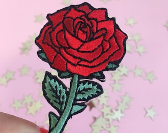 Red Rose Patch (Small) – Iron On Embroidered Patches - Long Stem Rose - Wildflower + Co. Valentines Day Gift