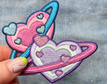 Heart Planet Patch - Cute Space Embroidered Iron On Patch - Pastel Pink, Lilac, Blue, Aqua - Valetines Gift - Wildflower + Co. Patches