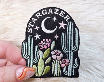 Stargazer Desert & Cactus Patch - Iron On Patch - Saguaro Cactus, Desert Night, Desert Moon, Moon + Stars, Arizona - Embroidered Patches