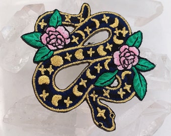 Snake & Moon Phases Patch - Iron On Embroidered Patches for Jackets - Celestial Serpent with Pink Flowers - Wildflower + Co. DIY