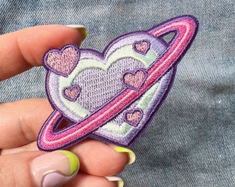 Heart Planet Patch Cute Space Embroidered Iron on Patch Pastel Pink, Lilac,  Blue, Aqua Valetines Gift Wildflower Co. Patches 