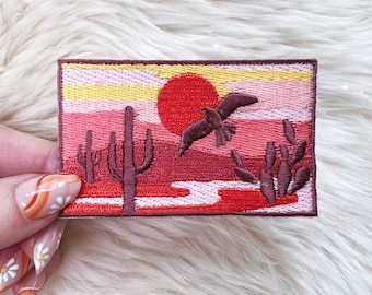 Ökensolnedgångslapp - Stryklapp - Saguarokaktus, Sol, Boho, Utomhus, Natur, Arizona - Broderade lappar - Wildflower + Co.
