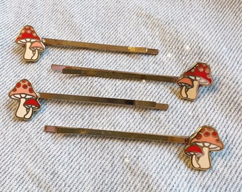 Mushroom Bobby Pins - Hair Accessories - Cute Hair Pins - Barrettes - Cottagecore Aesthetic - Red, Peach, Tan & Gold - Wildflower Co