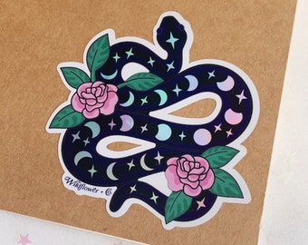 Snake Sticker | Holographic ! | Moon Phases Flowers & Serpent | Stickers for Laptop Water Bottles + Aesthetic Stickers | Wildflower + Co.