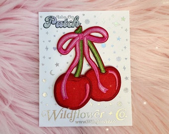 Cherry Bow Patch - Coquette Aesthetic - Red Cherries w. Pink Bow - Cute & Trendy Embroidered Patches for Jackets + Wildflower + Co.