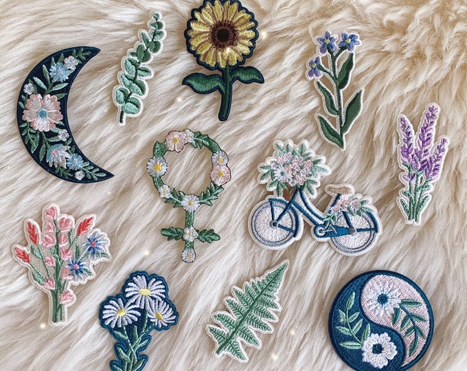 Botanical Cottagecore Iron On Patch Embroidered Patches Floral Venus Yin Yang Moon Fern Wildflowers Daisy Sunflower Bicycle Lavender Flower