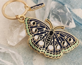 Night Butterfly Enamel Keychain - Lunar Moth - Luna - Moon Phases, Stars, Night Sky - Midnight Blue & Gold Hard Enamel Key Chain - Keyring