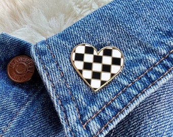 Checkered Heart Enamel Pin - Black & White, Pink, or Lilac and Lime Green Checker Print - Cute Enamel Pin - Wildflower + Co. Jewelry Gifts