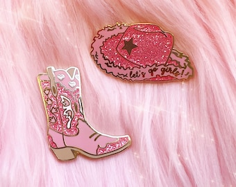 Pink Cowgirl Boot Enamel Pin - Cowgirl Hat Enamel Pin - Space Cowgirl - Disco Cowgirl Bachelorette Party - Cowboy Southwest - Let's Go Girls