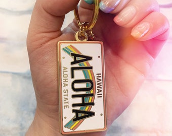 Aloha Enamel Keychain - Key Ring - Hawaii License Plate w. Rainbow - Cute Gift Favor Souvenir - Coconut Girl - Wildflower + Co.