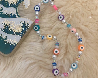 Rainbow Evil Eye Phone Charm Strap, Phone Charm Strap, Beaded Phone Charm, Lanyard, String - Y2K - Custom Personalized - Wildflower + Co.