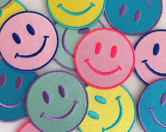 Smiley Face Iron On Patch - Embroidered Patches for Jackets - Yellow Pink Mint Purple Blue Happy Faces - Wildflower + Co. DIY