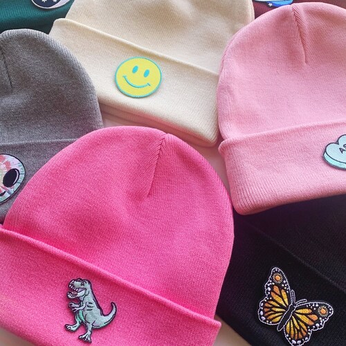 Slouchy Knit Beanie with Embroidered Patch - Your Choice of Patch & Hat Color!  Pink Black Cream Grey Burgundy Hot Pink