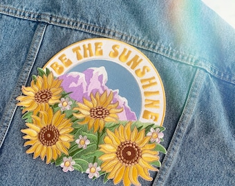 Be the Sunshine XL Back Patch - Patches for Jackets, Embroidered Iron On - Sunflower - Mountain - Sun - Outdoors - Nature - Wildflower + Co.