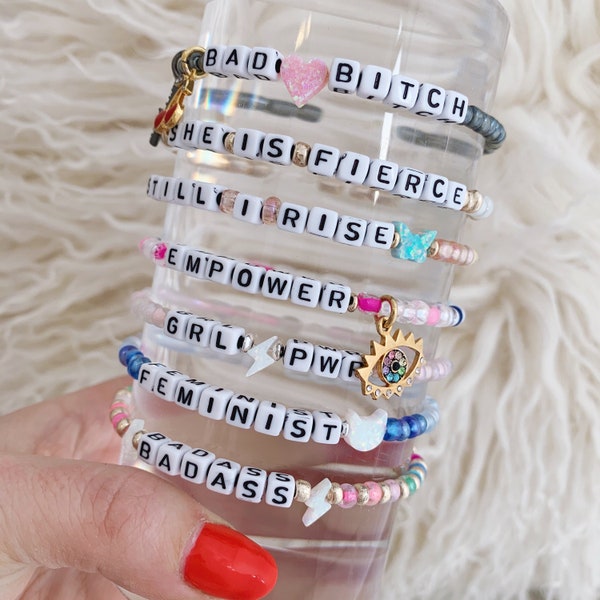 Custom Feminist Bracelet | Personalize Beaded Bracelet - Choose Quote, Color, Opal, Charm | Girl Power Badass Valentine's Day Gift
