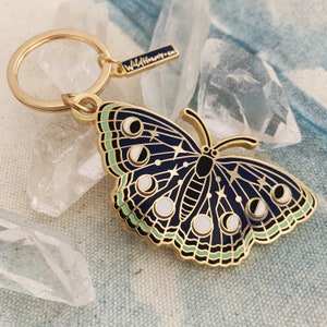 Night Butterfly Enamel Keychain - Lunar Moth - Luna - Moon Phases, Stars, Night Sky - Midnight Blue & Gold Hard Enamel Key Chain - Keyring