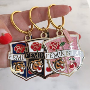 Feminist Enamel Keychain - Feminist AF Crest - Gold - Pink Glitter, Black, or Navy - Venus Symbol Cherry Tiger Rose - Valentines Day Gift