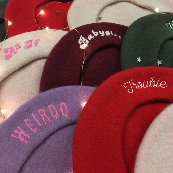 Embroidered Wool Beret Hat – Slouchy Beret – Personalized Embroidery + Choice of Color: Pink Red Lilac Green Blue Black Valentines Day Gift