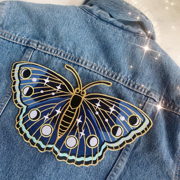 Lunar Butterfly XL Back Patch - Patches for Jackets, Embroidered Iron On, Moon Phases, Stars & Night Sky - Midnight Blue - Wildflower + Co.