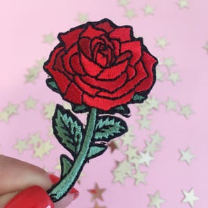 Red Rose Patch (Small) – Iron On Embroidered Patches - Long Stem Rose - Wildflower + Co. Valentines Day Gift